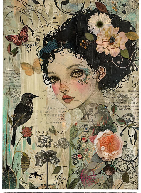 20724 Woman Mixed Media Tile Design Enamel Decals, enamel supplies, ceramic decals, fusible decal, glass decals, 20724B